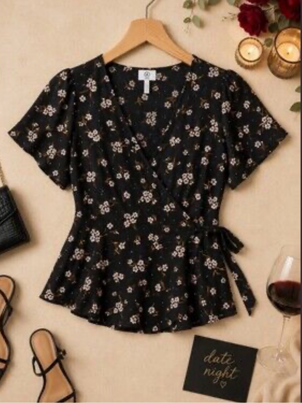 Addition Elle Floral Wrap Peplum Top - Black Sz 1X